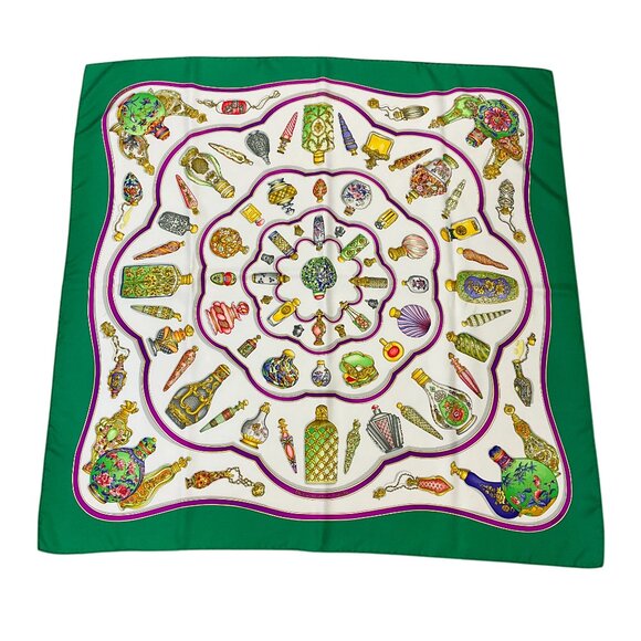 Hermes Green Multi Qu'Importe Le Flacon Print Square Silk Twill Scarf - Picture 4 of 11